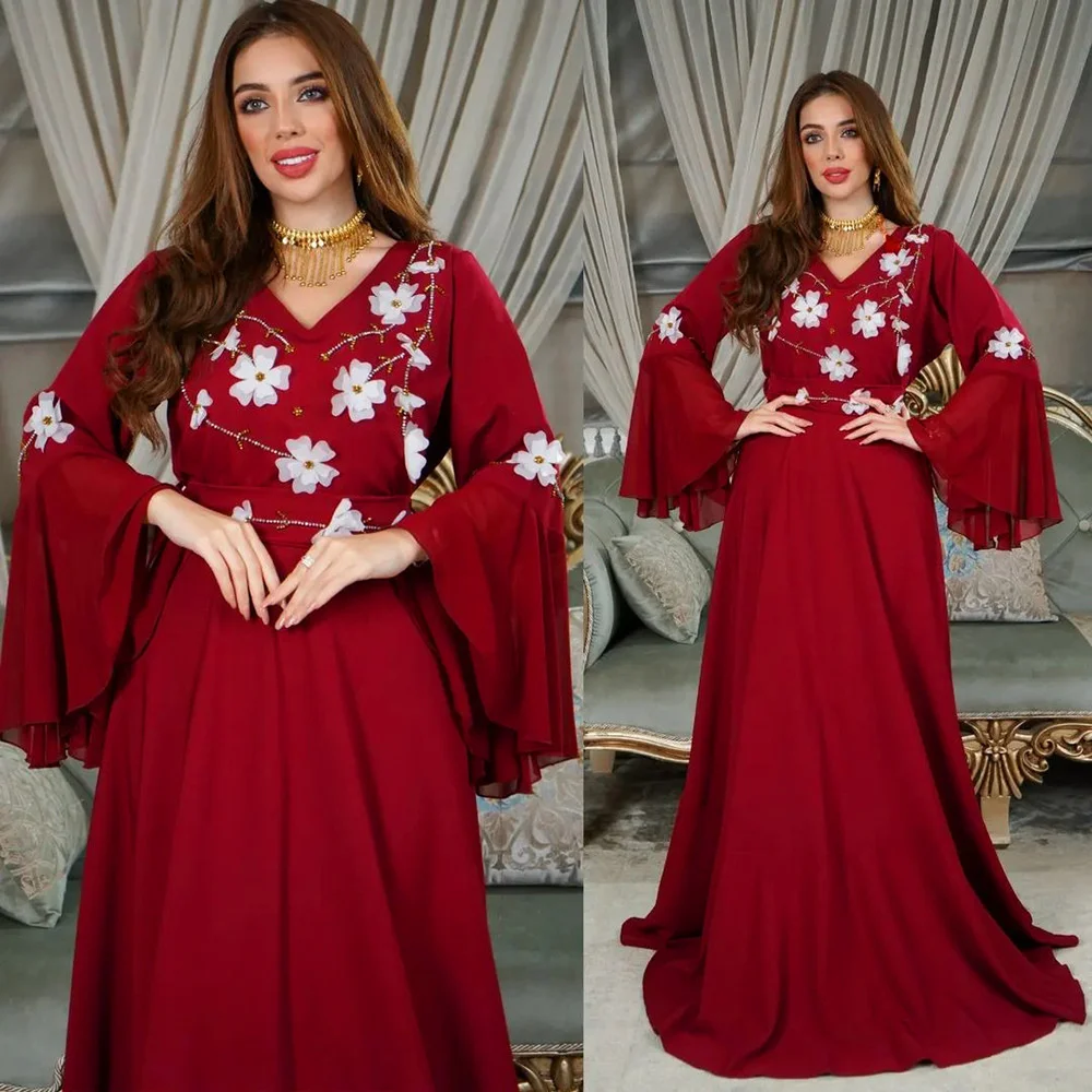

Abaya Diamond Studded Beaded Petal Sleeve Flower Dress Arab Elegant Maxi Dress For Women Spring Autumn 2022 New Muslim Caftan