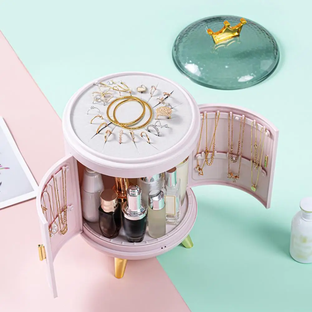 

360 Rotation Makeup Jewelry Organizer Luxury Crown Box Storage Dust-proof Necklace Earring Cosmetic Display Desktop Be Z0i2