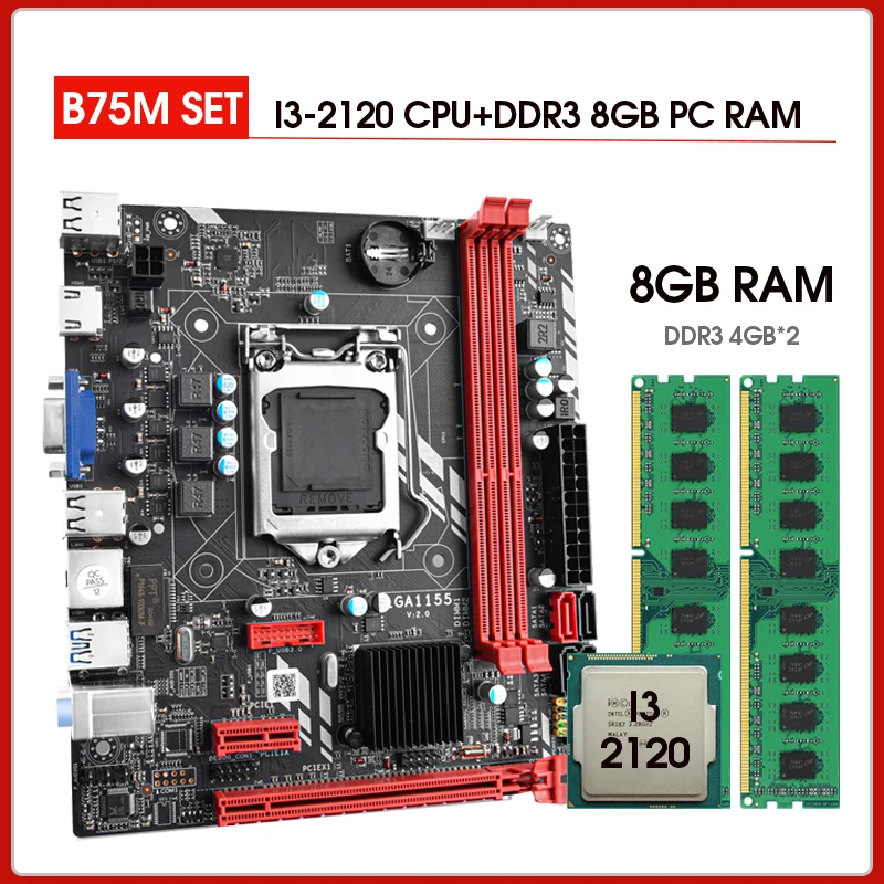 

B75M Motherboard set with Intel Core LGA 1155 I3 2120 CPU 2 pcs x 4GB=8GB 1600MHz PC DDR3 Desktop Memory USB3.0 SATA3.0