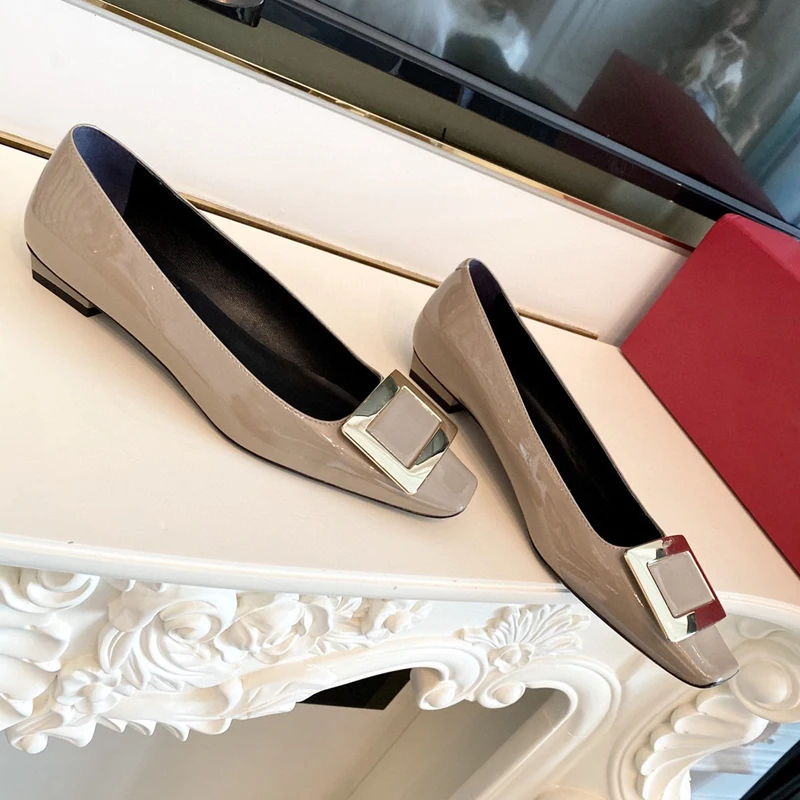 Net Red Patent Leather Square Buckle Single Shoes Women's Thick Heels, Medium Heels and Square Toe High Heels 2022 Spring New