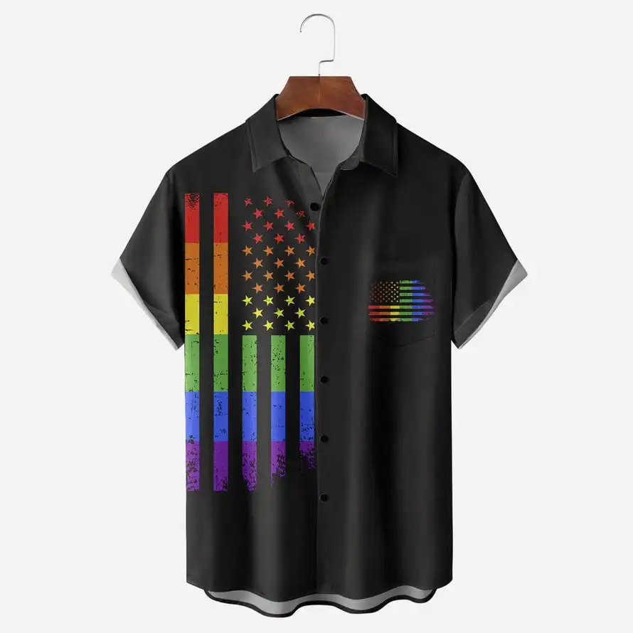 

Мужская Повседневная дышащая рубашка с коротким рукавом и принтом на День Независимости, модель V18