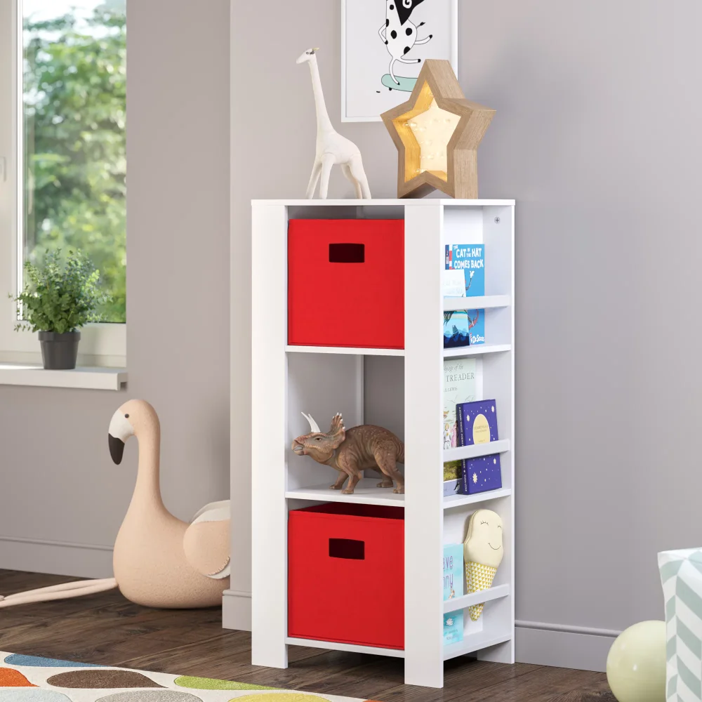 

Book Nook Collection Kids Cubby Storage Tower with Bookshelves with 2 Piece Bin - Red