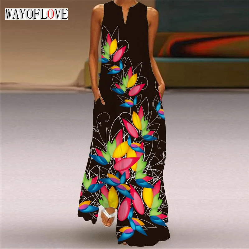 

WAYOFLOVE Lady Spring Summer Long Dress Black Sleeveless Leafs Printed Elegant Dresses For Women 2023 Casual Beach Women's Dress