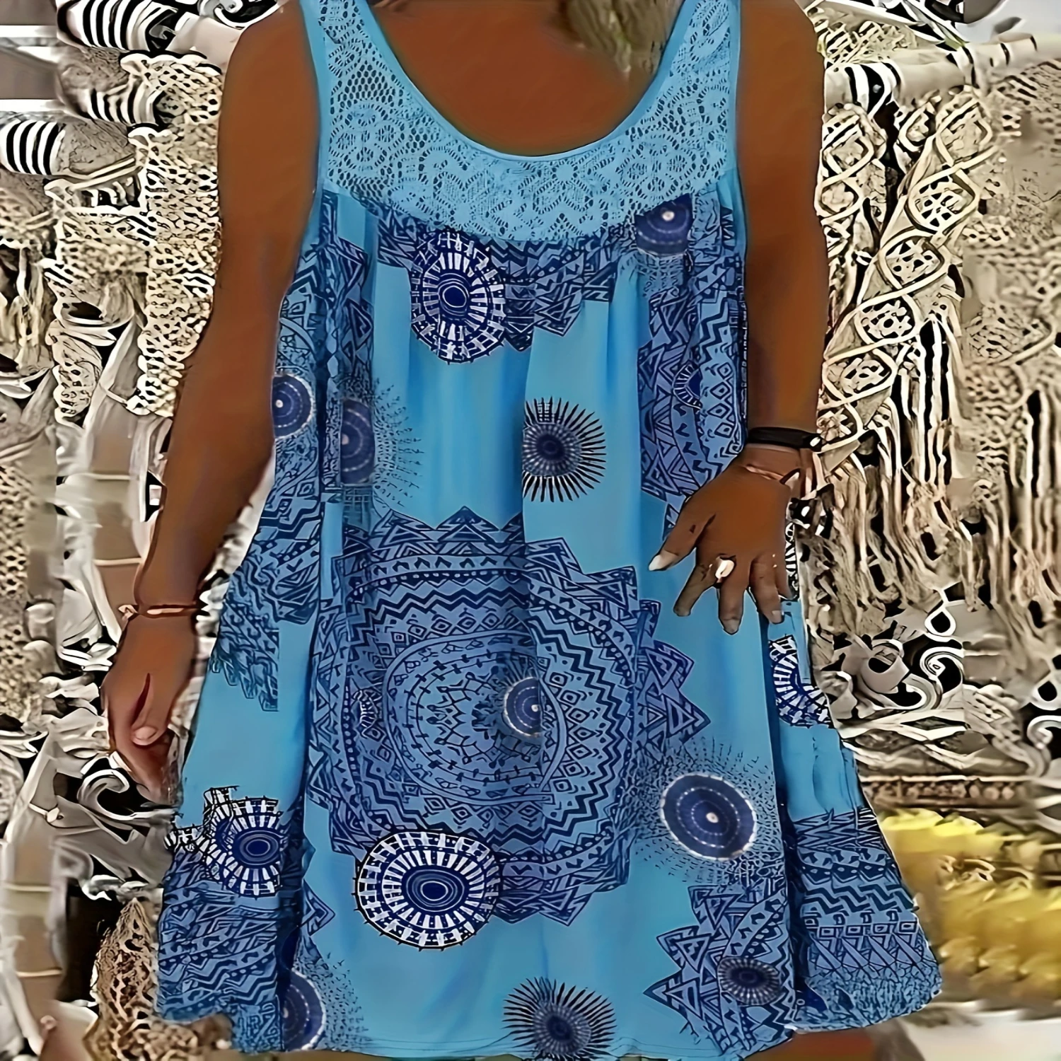 Plus Size Eyelet-Embroidered Tank Dress - Sleeveless Geometric Print Vacation-Ready with Contrast Lace All-Season Comfort