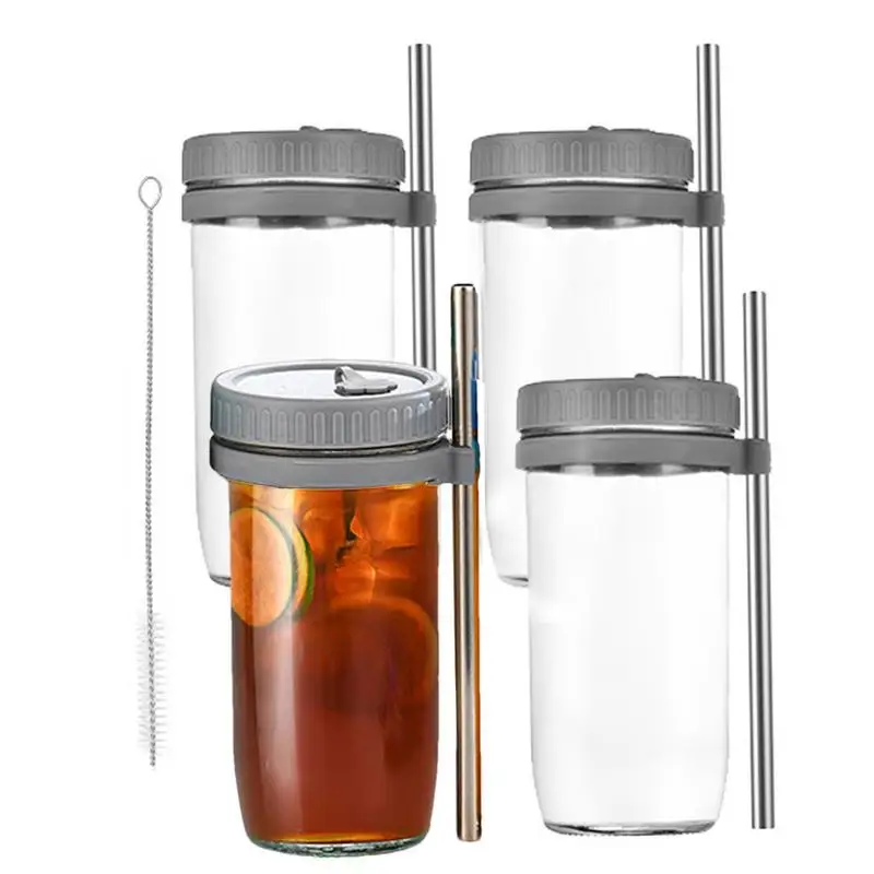 

Glass Iced Coffee Cups Multifunctional 4PCS Cup With Straws And Lids Drinking Glasses Mason Jar For Dry Hops Cocktails Cold