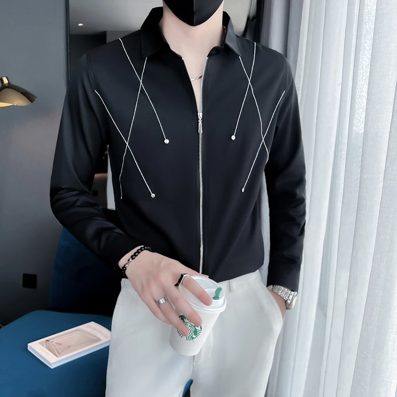 Fashion Zipper Embroidery Men's Shirts 2022 Autumn Long Sleeve Slim Casual Business Dress Shirt Social Tuxedo Camisa Masculina