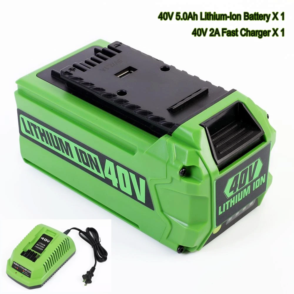 

40V 5.0Ah Lithium-Ion Battery USB Port and 40V 2A Fast Charger for Greenworks 40V G-MAX Cordless Power Equipment Tools