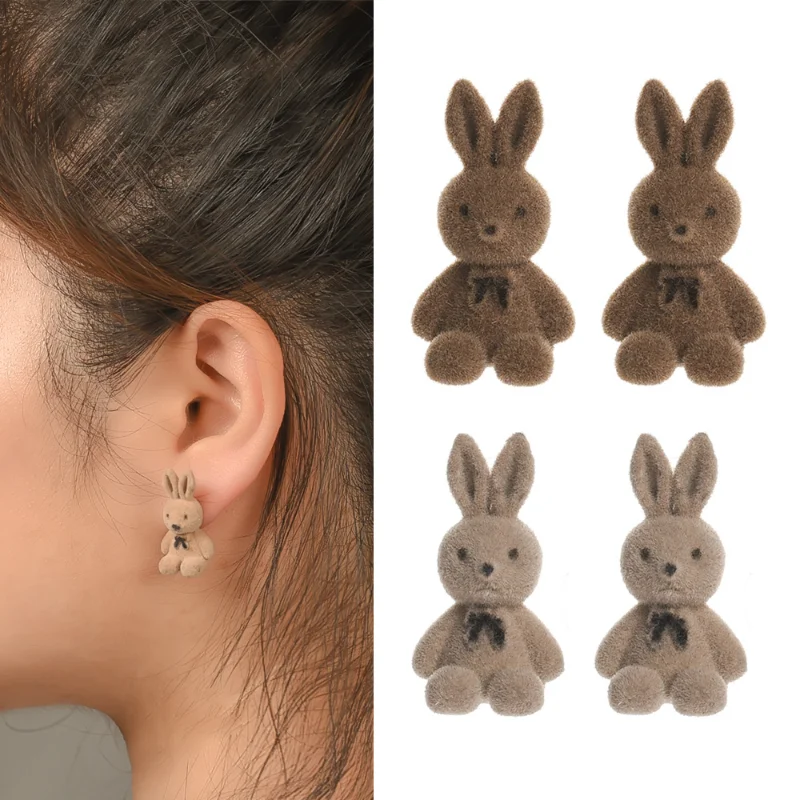 

Plush Rabbit Bear Stud Earrings Kawaii Brown Khaki Animal Earrings For Women Girls Korean Flocking Earring Jewelry Brincos Gifts