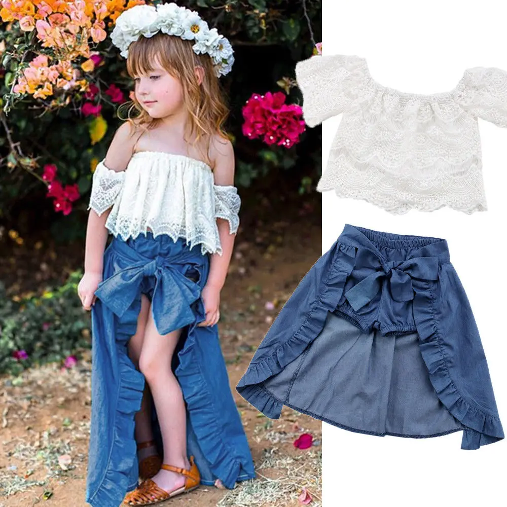 

Toddler Kids Baby Girls Lace Off Shoulder Tops Shorts Skirt Clothes Outfits Set