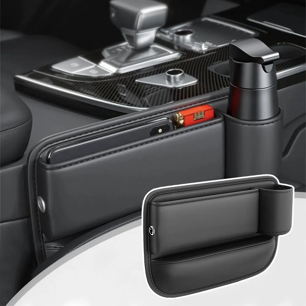

Black PU Leather Car Auto Console Side Car Seat Crevice Storage Box Slit Gap Filler with Bottle Holder Gadget Car Accessories