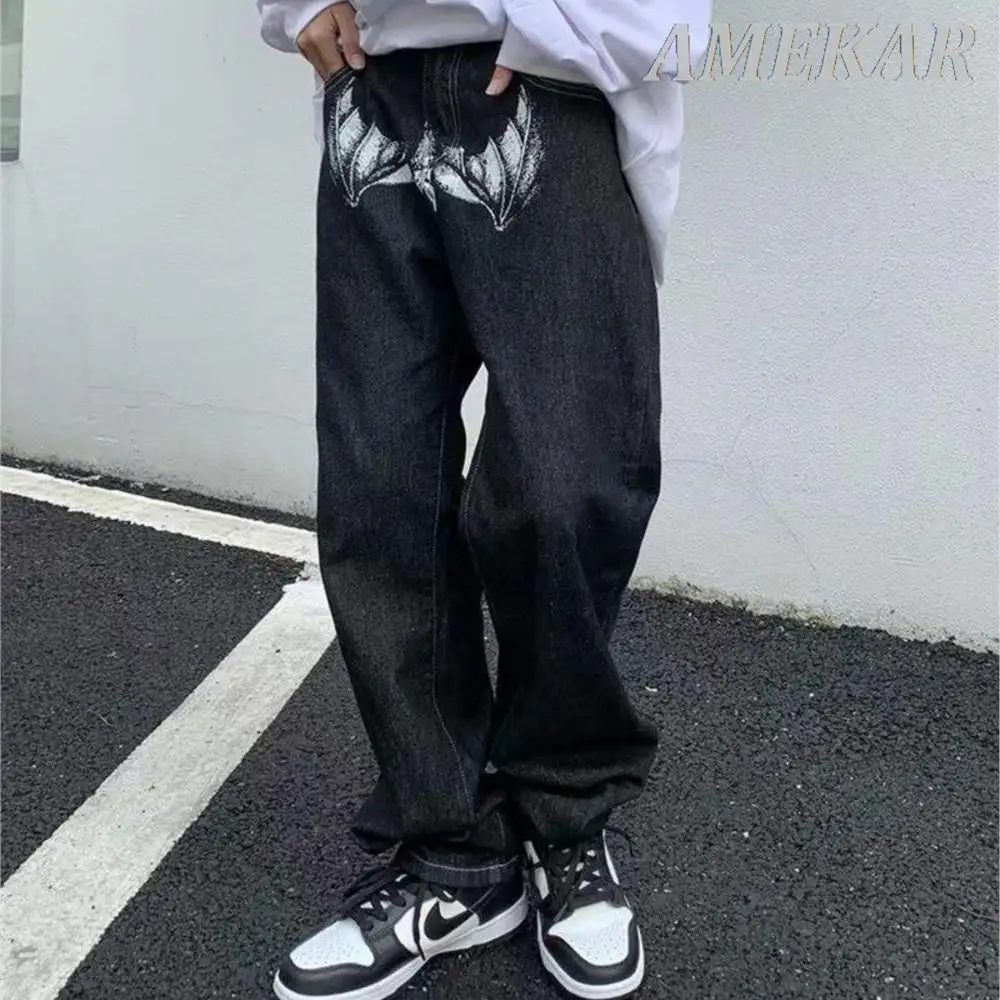 2023 Jeans With Print Straight Baggy Punk Men's Fashion Harajuku Pants Printed Oversize Streetwear Y2k Black Trendy Hip Hop Man