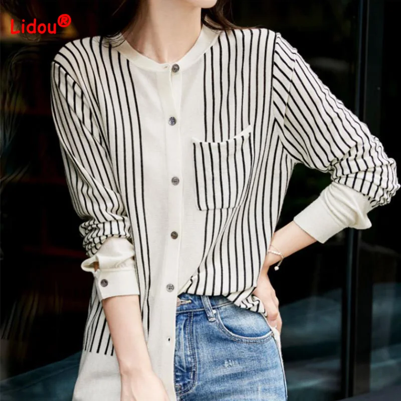 

Spring Autumn Women's Clothing Casual Round Neck Button Splicing Pockets Striped Printing Long Sleeve Loose Open Stitch Shirt