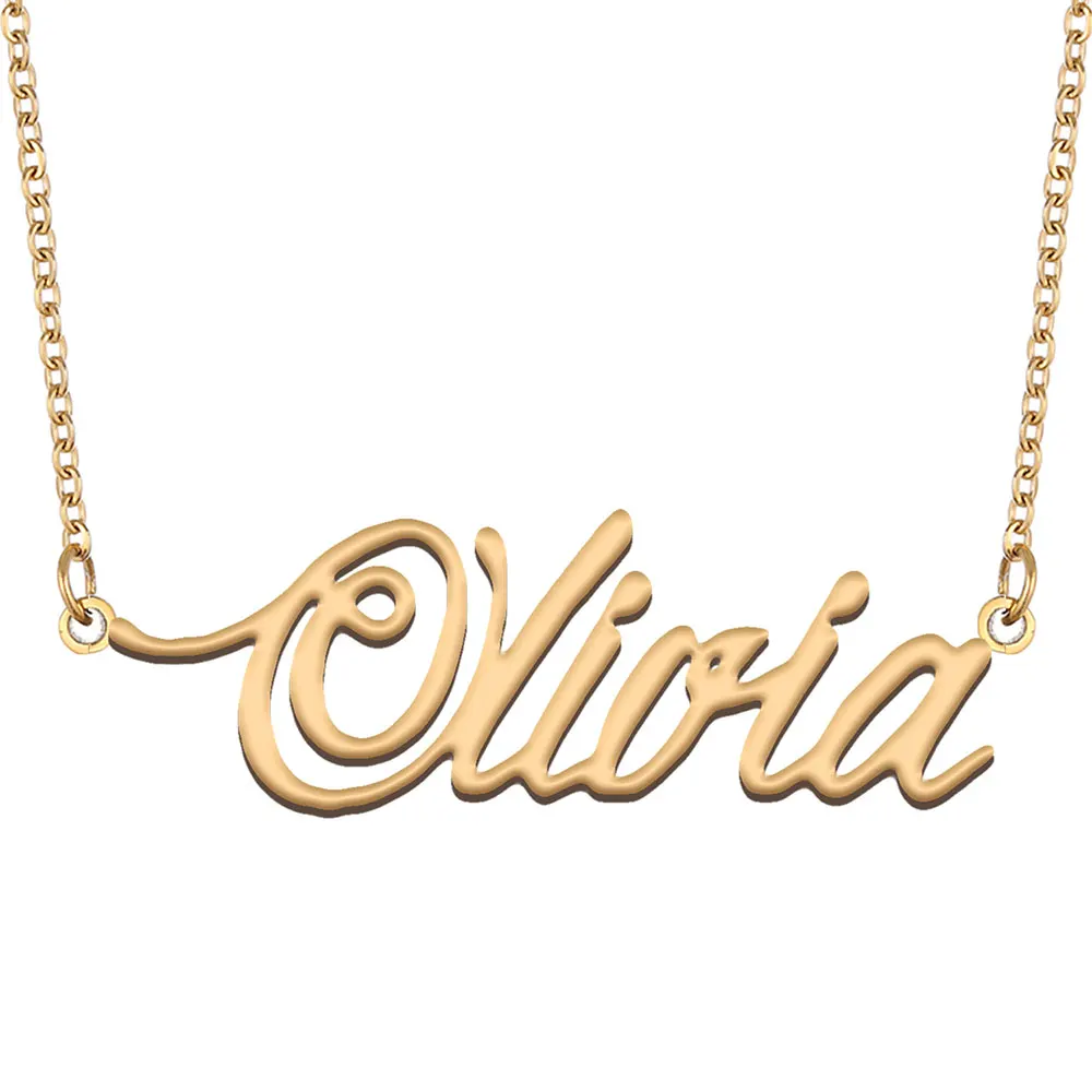 

Nameplate Charm Olivia Name Necklace for Women Script Pendant Gold Color Stainless Steel Popular Letters Jewelry NL2420