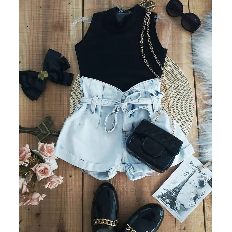 

2pcs Fashion Toddler Girls Clothes Sets 1-6Y Solid Sleeveless Vest Tops+High Waist Blue Denim Shorts Clothing