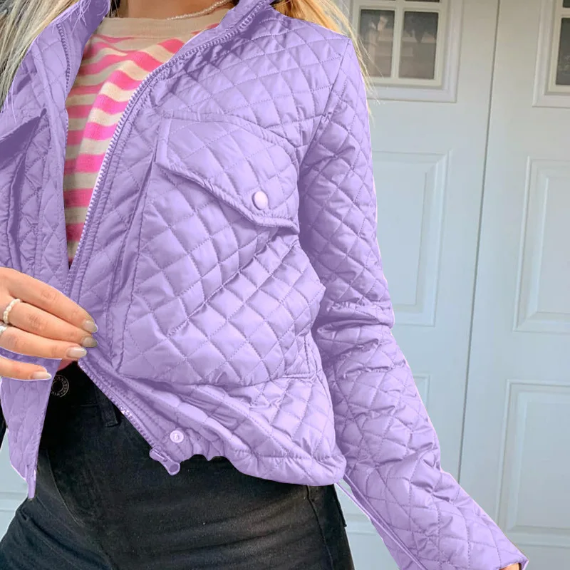 2022 New Slim Fit Zipper Pocket Plaid Jacket European and American Style Temperament Warm Cotton Clothing Women's Jacket Top