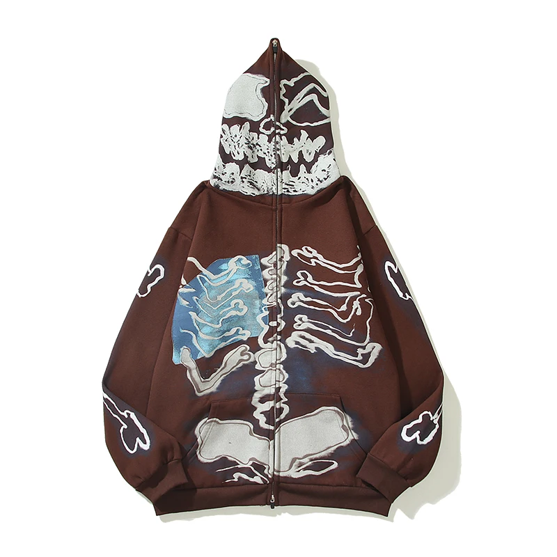 

2022 Spring and Autumn European and American High Street Hooded Sweater Men and Women with the Same Style Skull Zipper Hoodie Ja