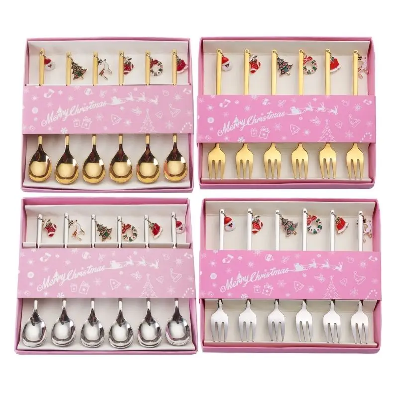 

6 шт. рождественские столовые приборы, ложка, вилка, набор, столовая посуда для рождественской вечеринки, декор стола, десертная ложка, фрукт...