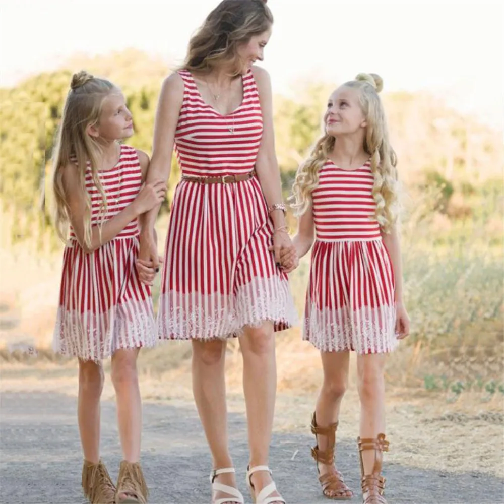 

Family Mother And Daughter Matching Dress Sleeveless Summer Red and White Stripe Dresses Sundress Mommy and me Outfits Clothing