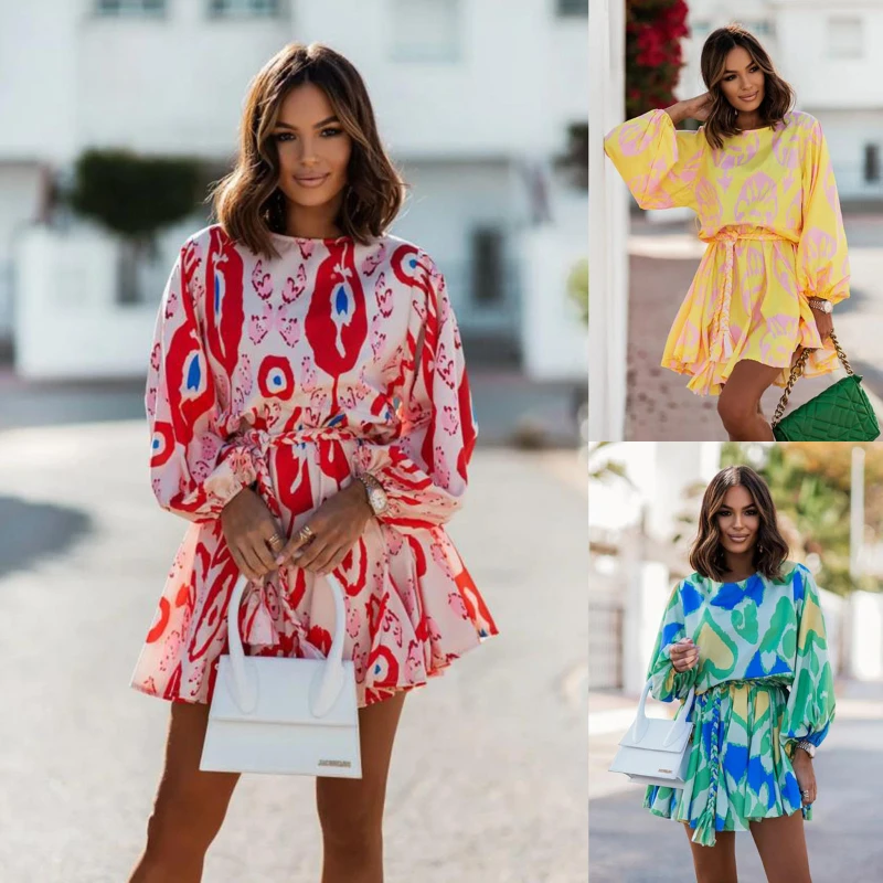 

European and American Summer New Fashion Holiday Style Mid-sleeve Round Neck Tie-dye Print Waist Bandage Dress