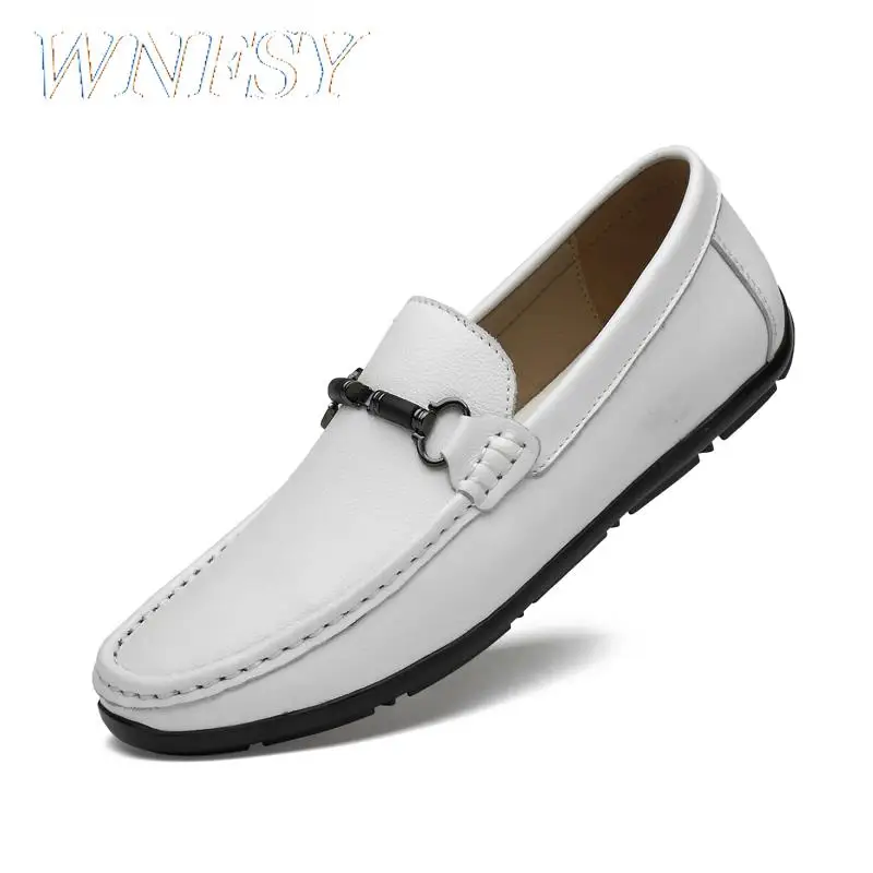 

White Men Loafers Genuine Leather Casual Shoes Spring Summer Fashion Slip On Shoes Black Brown Italian Luxury Designer Brand