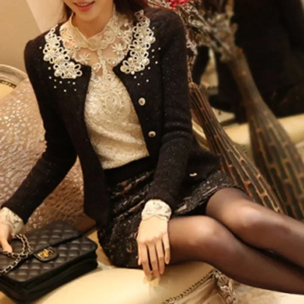 Кружевные женские блузки повседневные однотонные рубашки с полувысоким