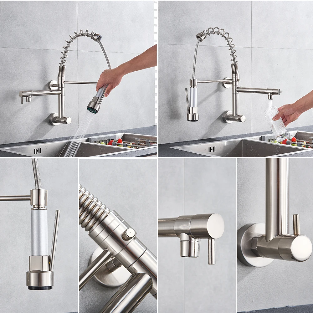 

Brushed Spring Pull Down Kitchen Faucet Cold Water Dual Spouts Handheld Shower Kitchen Taps Wall Mounted Kitchen Washing Crane