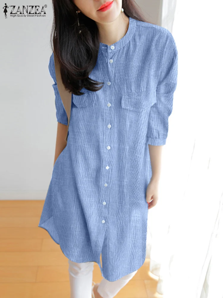 Женские длинные топы в полоску винтажные туники с круглым вырезом и рукавами 3/4