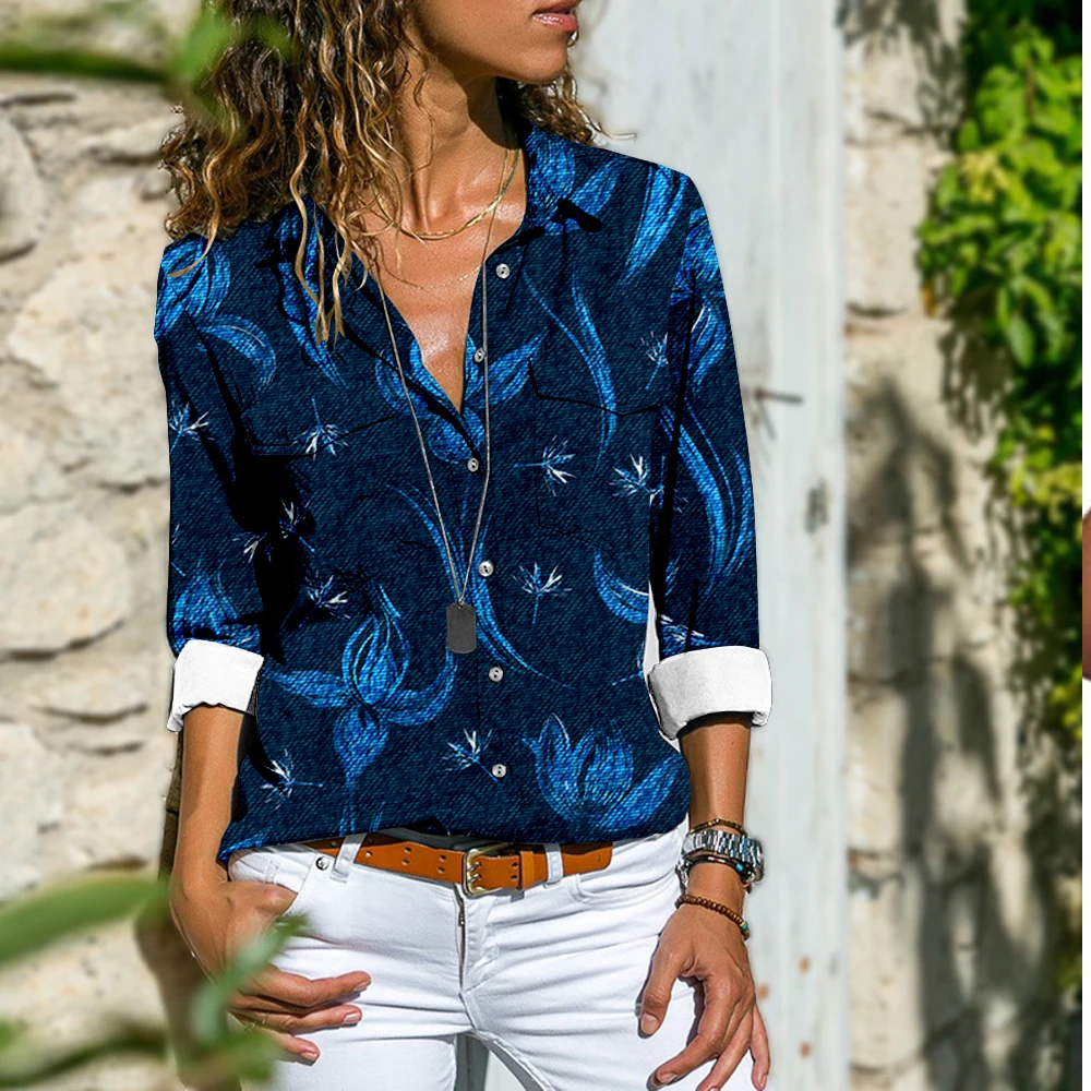 

Women's New Button Denim Printed Three Quarter Sleeve Shirts Summer Casual Tops
