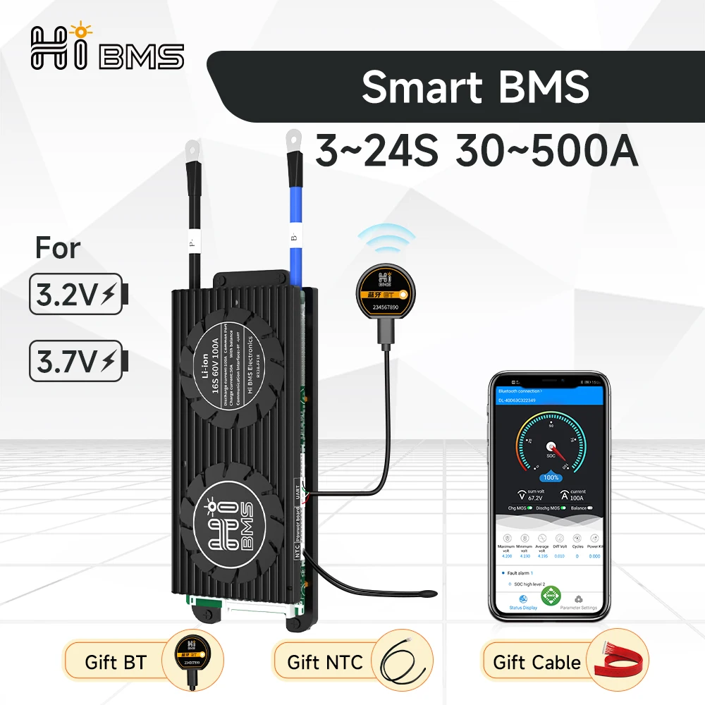 

HIBMS Smart BMS 16S 48V Lifepo4 BMS 8S 24V 4S 12V 30A 60A 80A 100A 120A 150A 200A 250A Solar Inverter Home Energy Storage RV