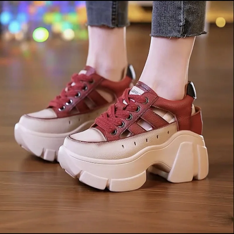 8.5cm Chunky Sneakers Genuine Leather Slides Summer Ankle Vulcanize Hollow Women Platform Sandals Wedge Breathable Female Shoes
