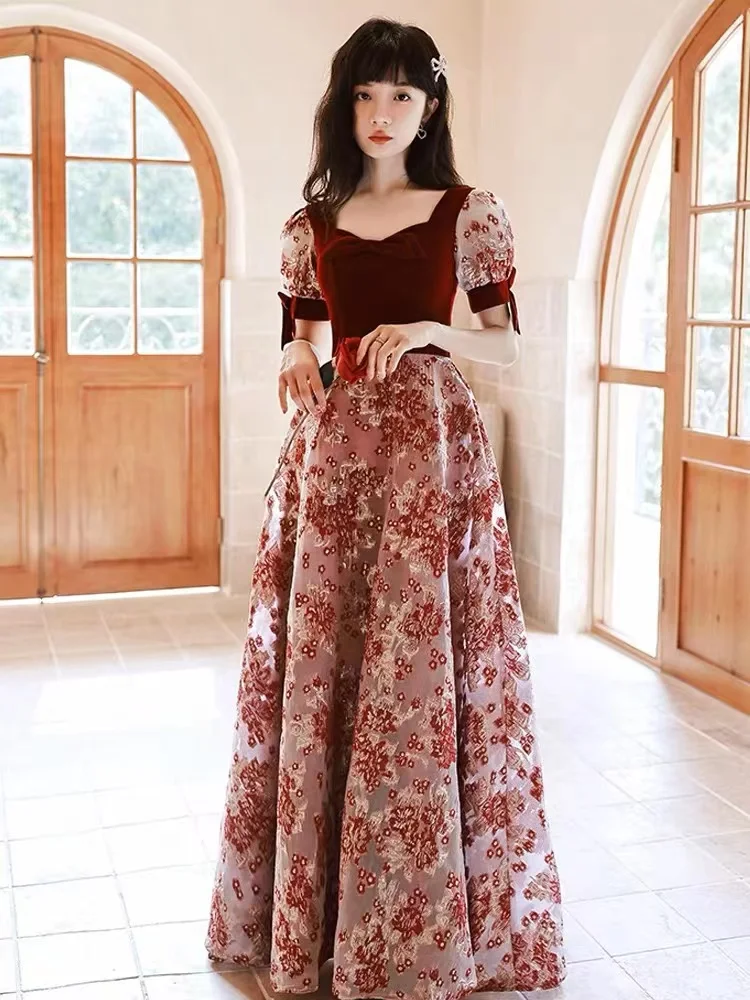 

Wine Red Princess Cocktail Dresses French Style Vintage Printing Jacquard Satin A-Line Lantern Sleeves Banquet Evening Prom Gown