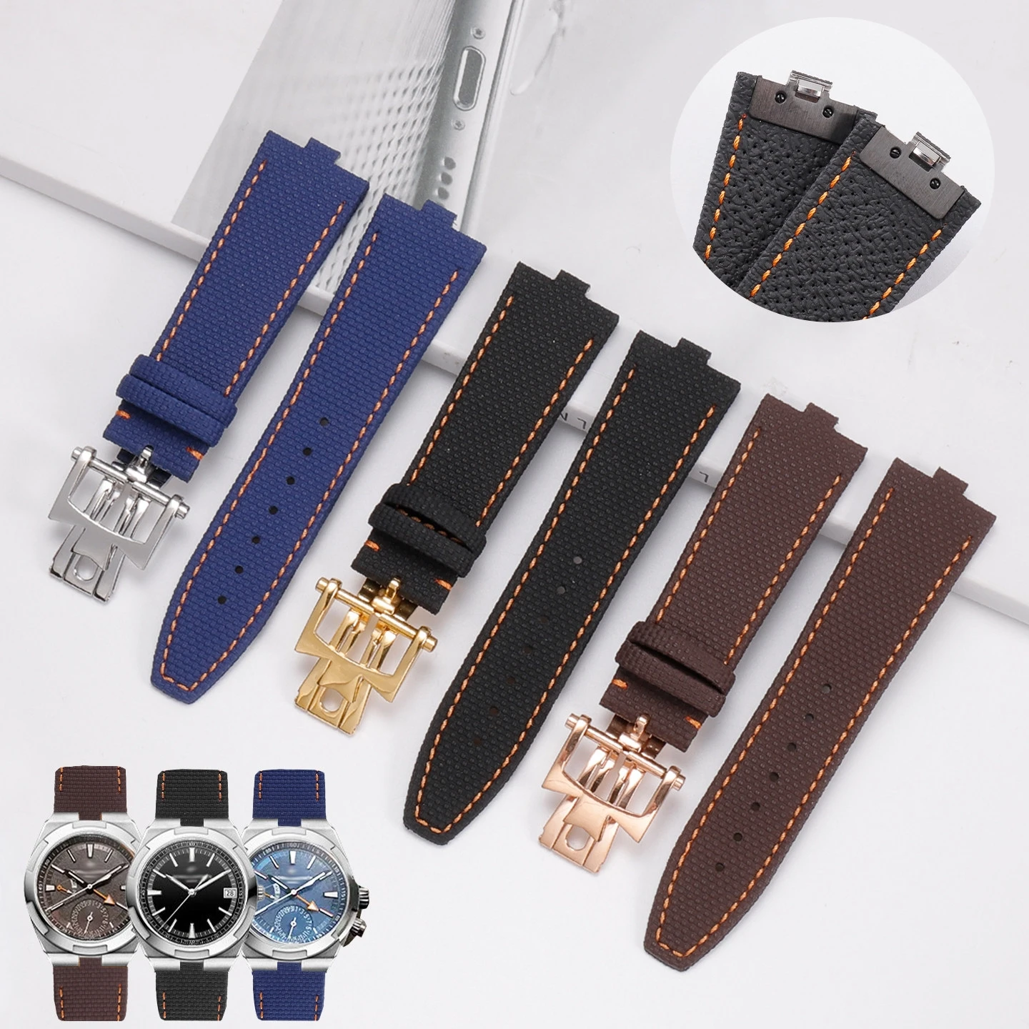 Фото Подходит для Vacheron Constantin Overseas 4500V 5500V 7900V, ремешок из фумированной резины FKM, 24×7 мм, ручной работы, с концевыми звеньями. №4