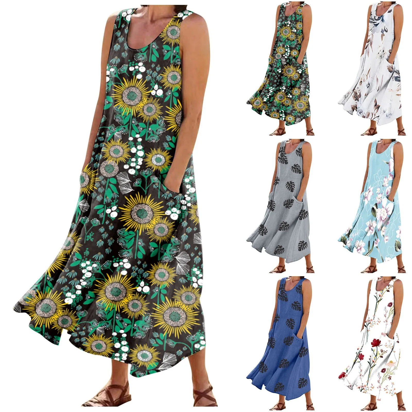 

Платье женское длинное из хлопка и льна с круглым вырезом и карманами