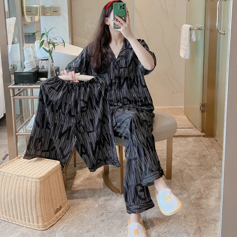 

3pcs Black Pajamas Short Summer Sleepwear Oversize Adults Satin Unisex Suit Silk Nightie Freedom Home Clothes 5XL Lounge Sets