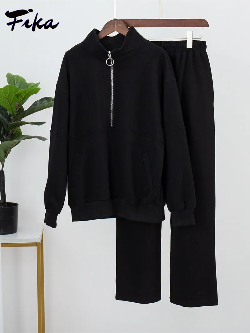 2022 Women New Autumn Winter Casual Solid Long Sleeve Zip Top High Waist Wide Leg Trousers Two Pieces Set Oversized Tracksuits