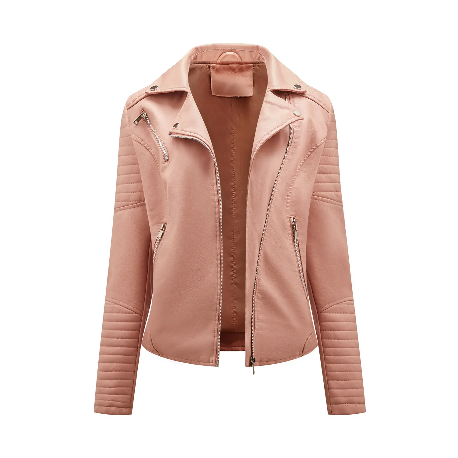 Fashionable spring autumn and winter short leather jacket women's European size slim lapel motorcycle suit inclined zipper jack