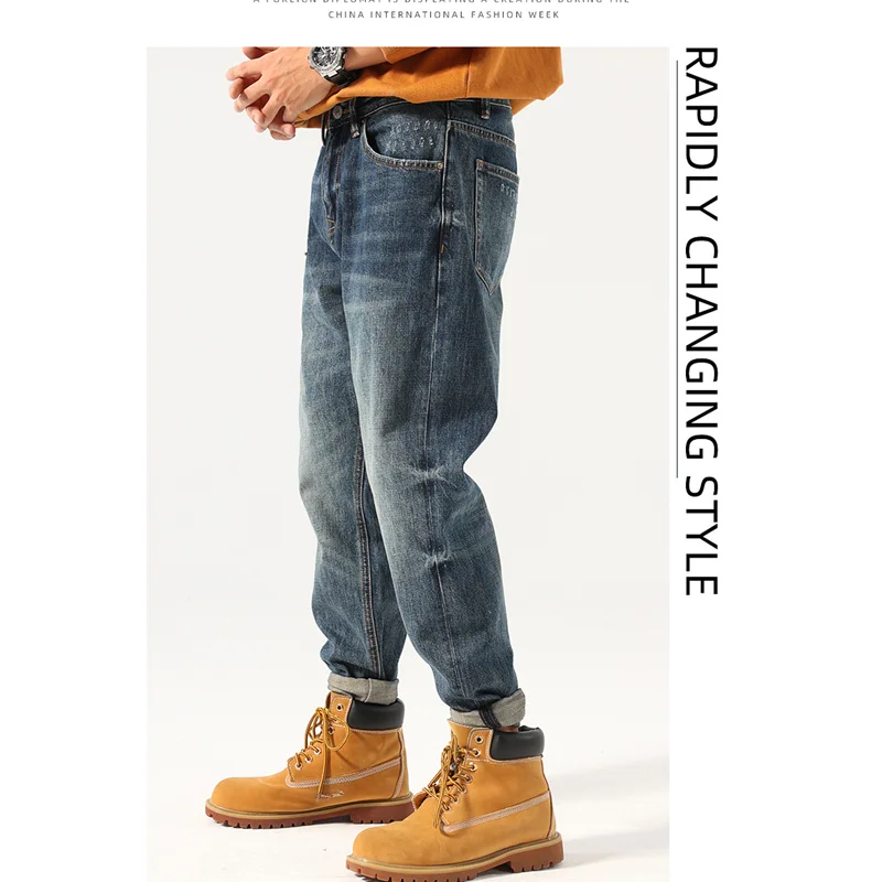 Streetwear Men New Pattern American Chaopai Hole Blue Jeans Vintage Loose Recreational Straight Cylinder Trousers Autumn Female