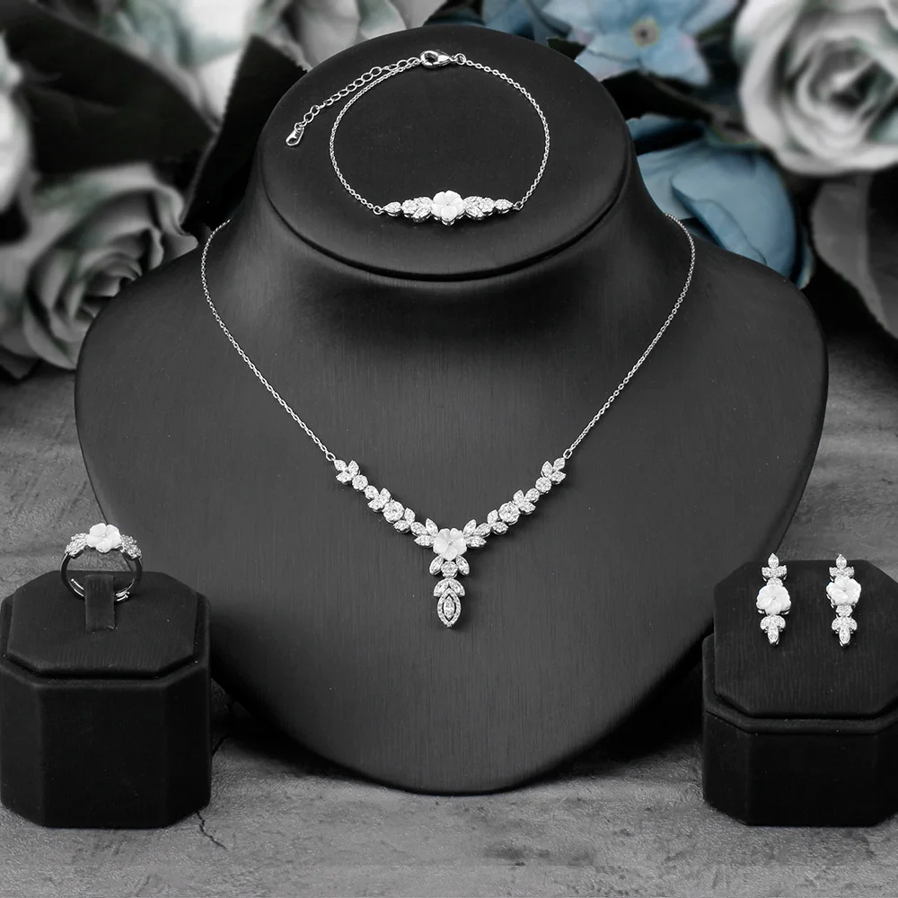 

Cubic Zirconia 3PCS Ring Necklace Earring Set For Women Wedding Party AAA+ CZ Nigeria Dubai Bridal Jewelry bijoux