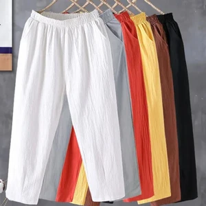 2022 Fashion Woman Pants Casual Cotton Linen Harem Pants LOOSE Solid Ankle-Length Pants Elastic Wais