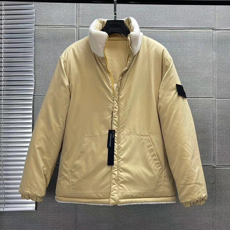 Winter Warm Double Side Stand Collar Thickened Cotton Jackets Stone Men Cashmere Fleece Coats Windproof Zipper Doudoune Homme