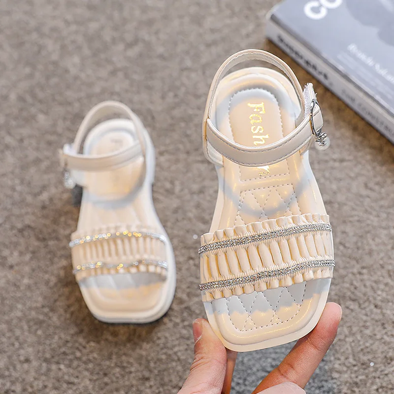 

Summer Beach Sandals Flat Heel Cute Bow Little Girl Fashion Rhinestone Stripe Princess Shoes Kids Shoes for Girl Sandals Sandles