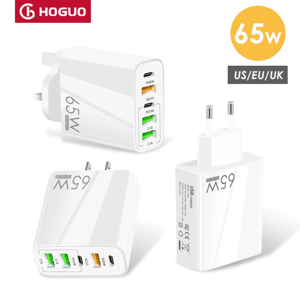 

Hoguo 5V4A EU/US/UK Plug Adapter 65W PD Fast Charger with 3 USB Ports for Mobile Devices Iphone 11 12 Pro