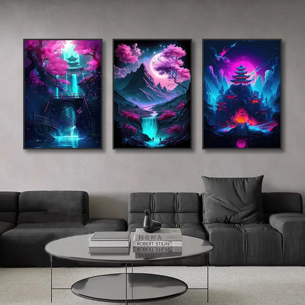 Неоновый розовый пейзаж холст с принтом японский аниме-стиль настенный