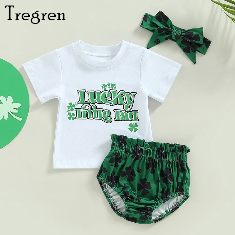 

Tregren Infant Baby Girls Summer Outfits Irish Festival Short Sleeve Letters Print T-shirt Clover Print Shorts with Hairband