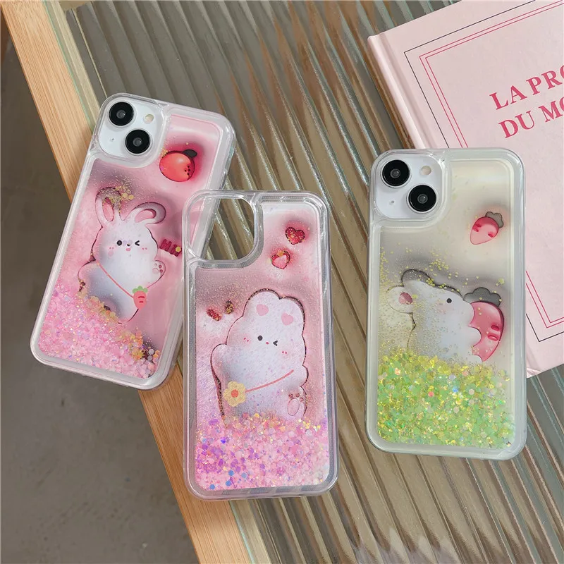 

Cartoon Rabbit Luminous Phone Case for iPhone 11 12 14 ProMax 13 funda Glow Gloss Liquid Glitter Quicksand Cover Capa girl bunny