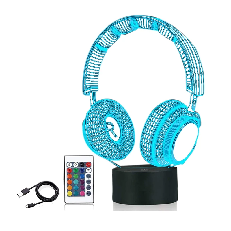 

Headset Creative 3D Night Light, 16 Color Changing With Remote Control USB Power, Game Headphone Optical Illusion Lamp