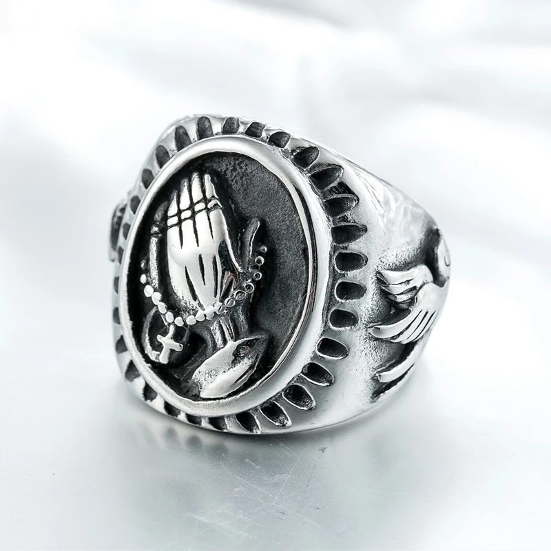 

Vintage Virgin Mary Praying Hands Ring For Men Women Punk Hip Hop 316L Stainless Steel Biker Ring Amulet Fashion Jewelry