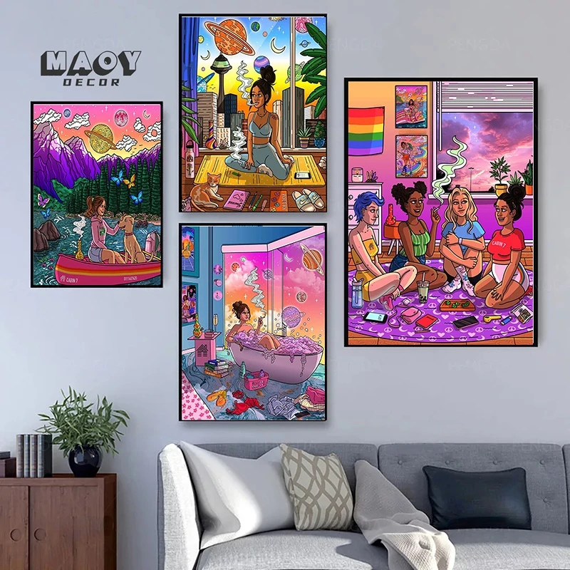 

Cartoon Aesthetics Canvas Painting Collection Poster Weed Black Love Art Comics Home Room Bar Cafe Decor Gift Wall Painting