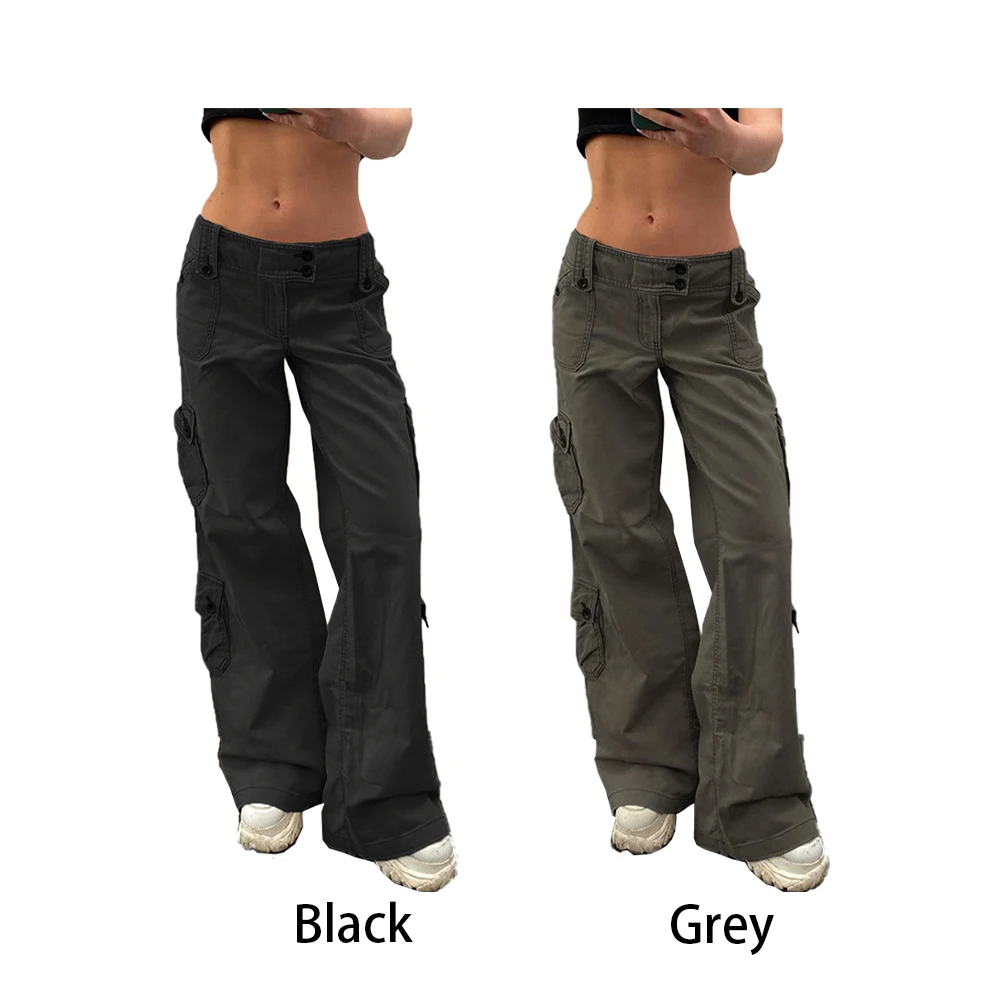 

Брюки женские винтажные с низкой талией, рабочая одежда, двубортные прямые штаны с несколькими карманами, брюки с широкими штанинами, Y2K