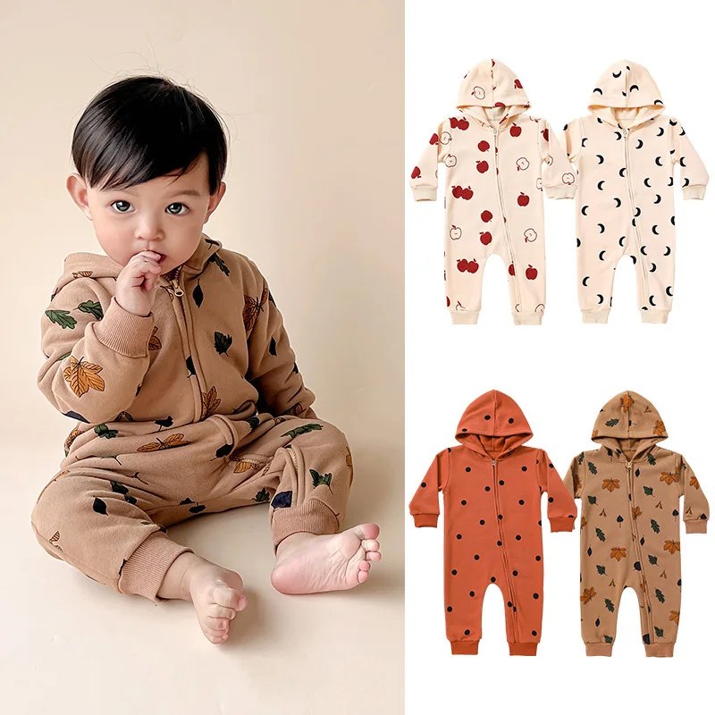 Baby Spring Hooded Jumpsuit Long Sleeve Moon Leaves Print Cotton Romper Causal Zipper Outfit for Newborn Boys Girls